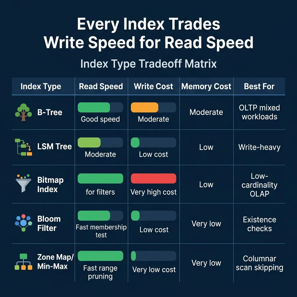 Index type tradeoff matrix comparing read speed, write cost, memory cost, and best use case for B-trees, LSM trees, bitmap indexes, bloom filters, and zone maps